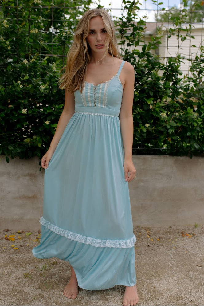 1970s Union Made Baby Blue Slip Dress Set