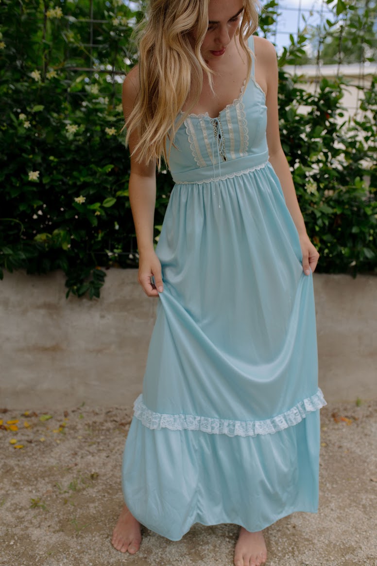 1970s Union Made Baby Blue Slip Dress Set