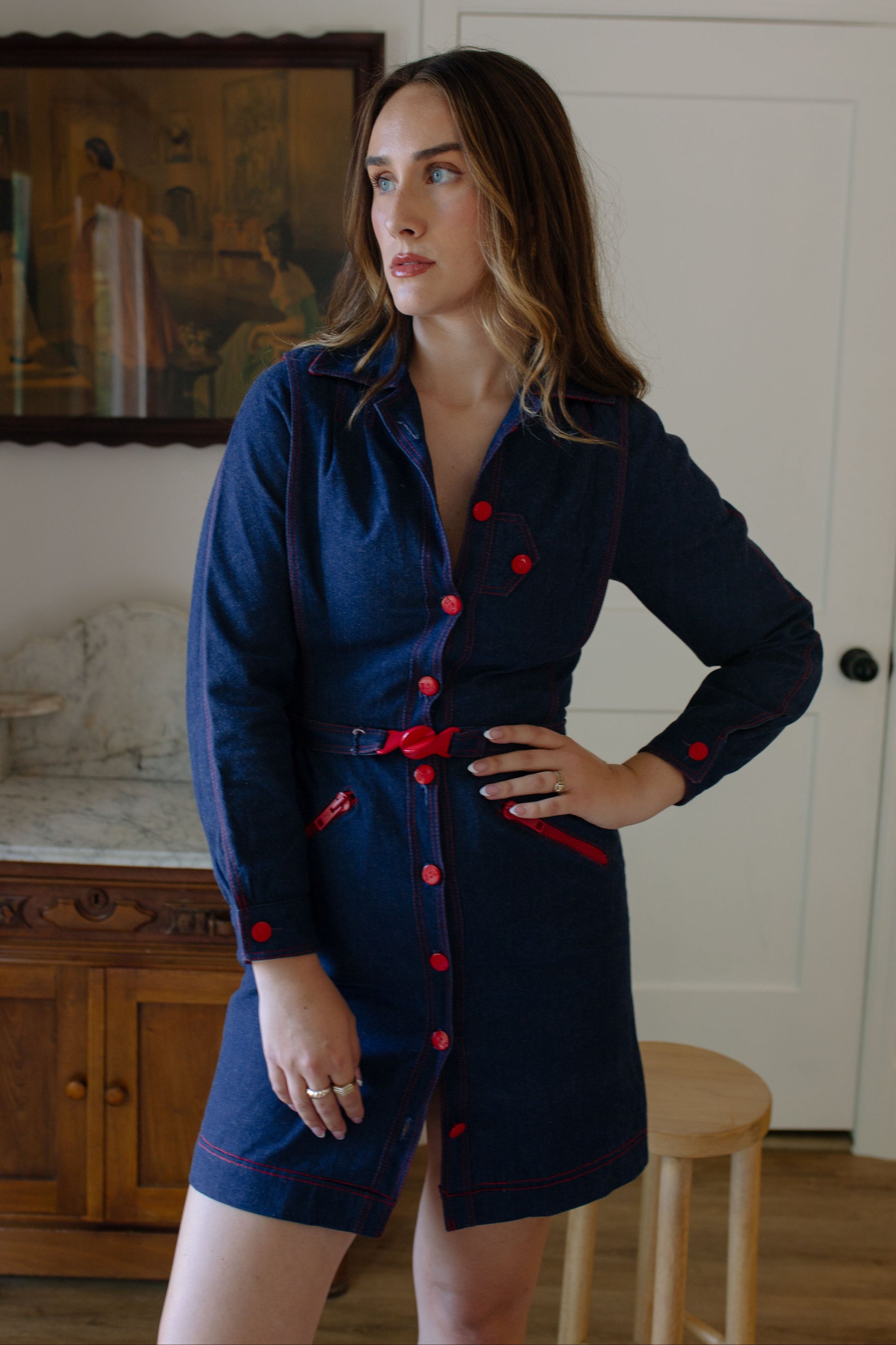 1970s "USA" Denim Button Down Belted Mini Dress