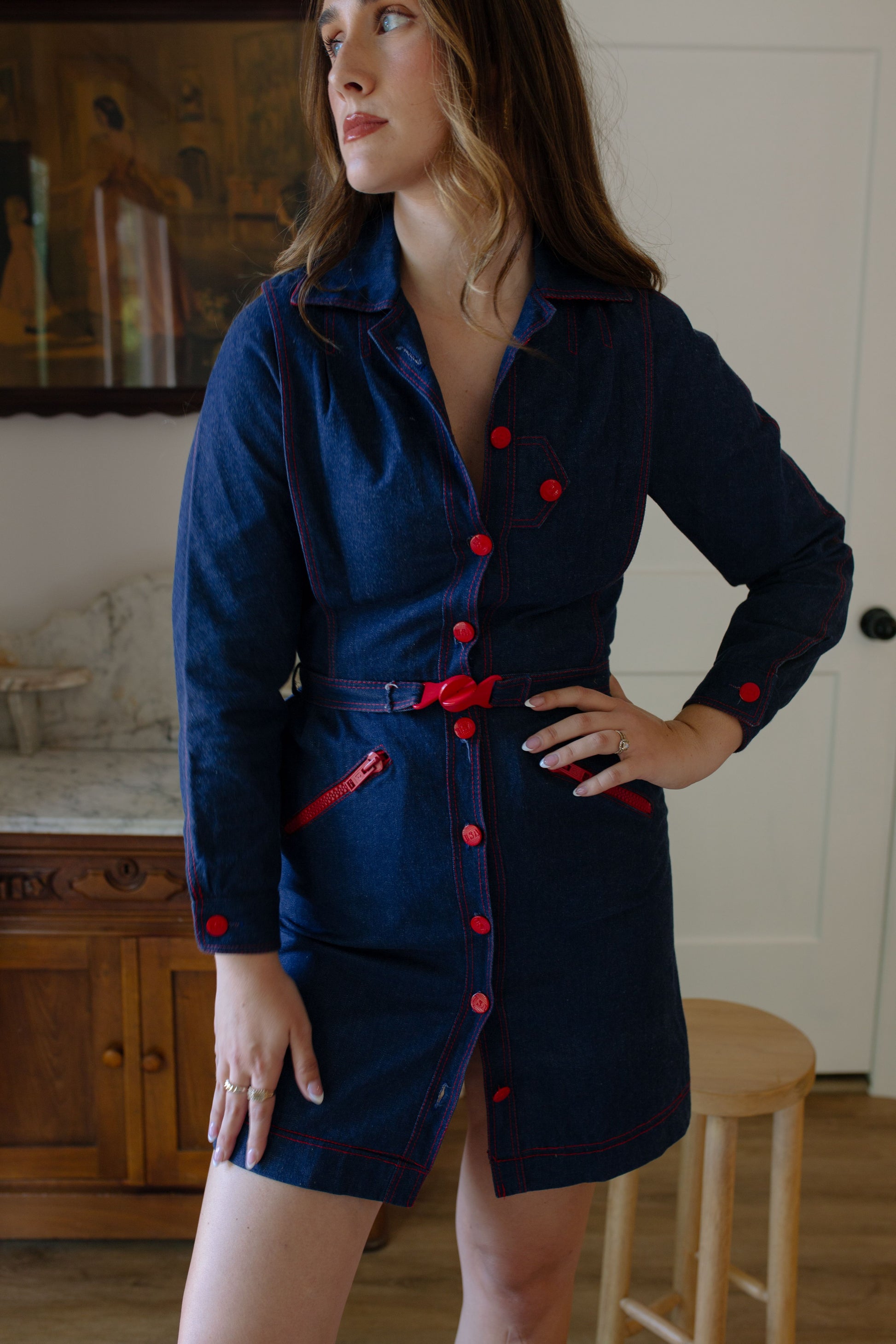 1970s "USA" Denim Button Down Belted Mini Dress
