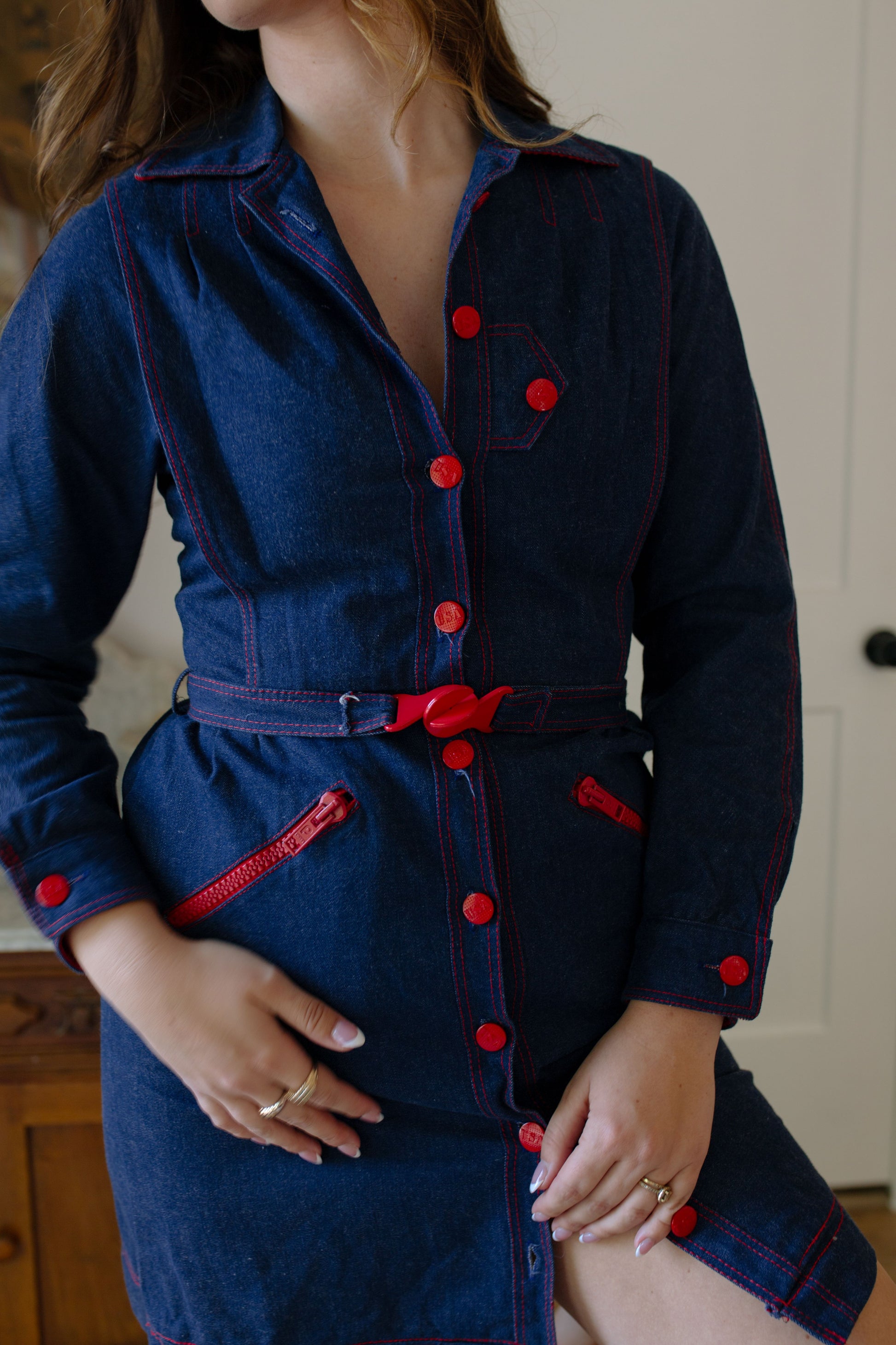 1970s "USA" Denim Button Down Belted Mini Dress