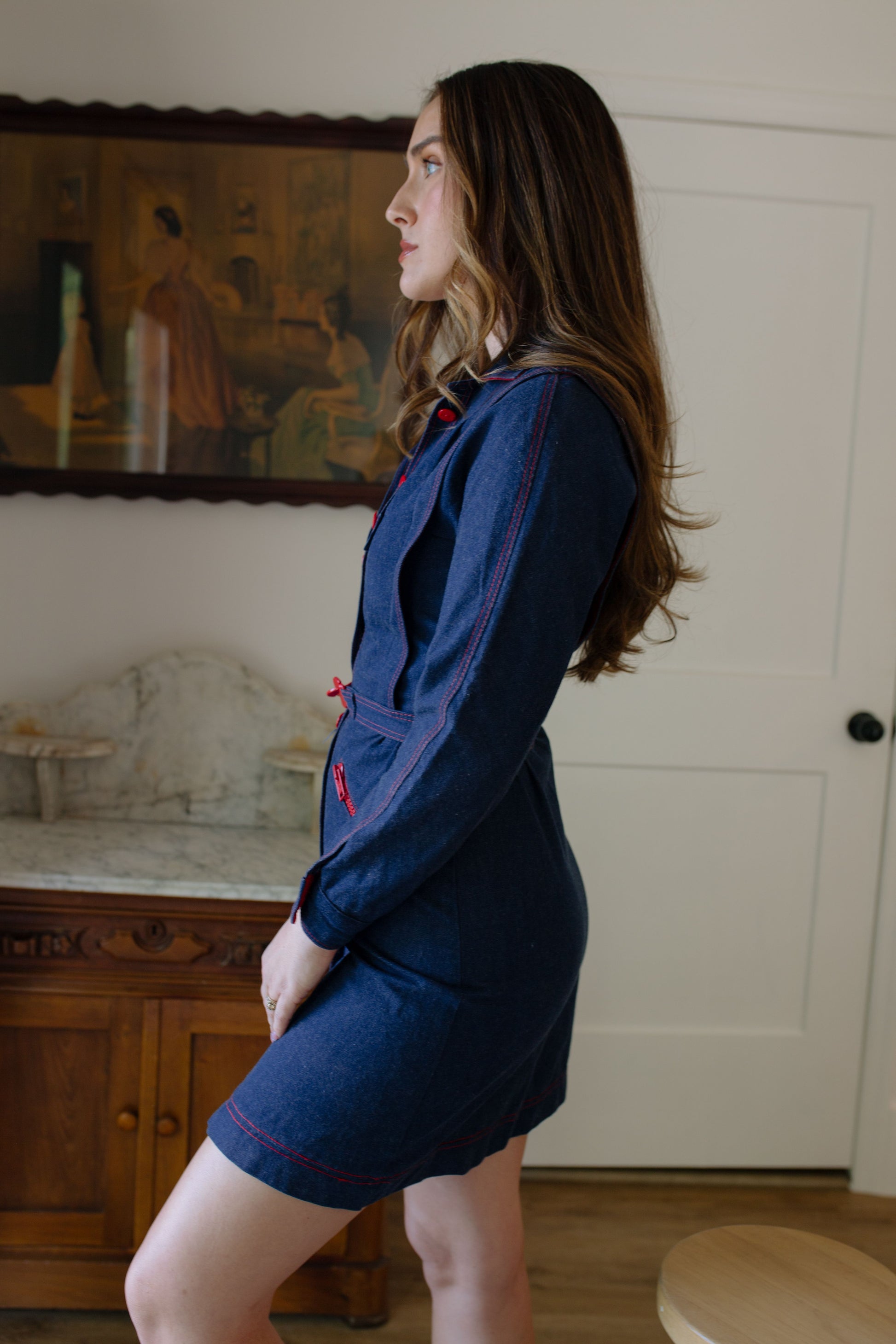 1970s "USA" Denim Button Down Belted Mini Dress
