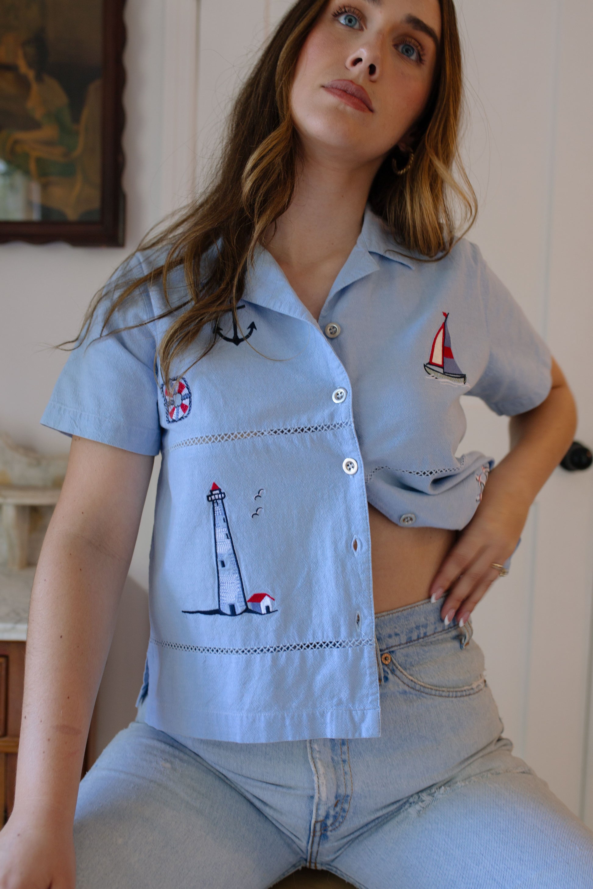 Vintage Nautical Embroidered Button Up