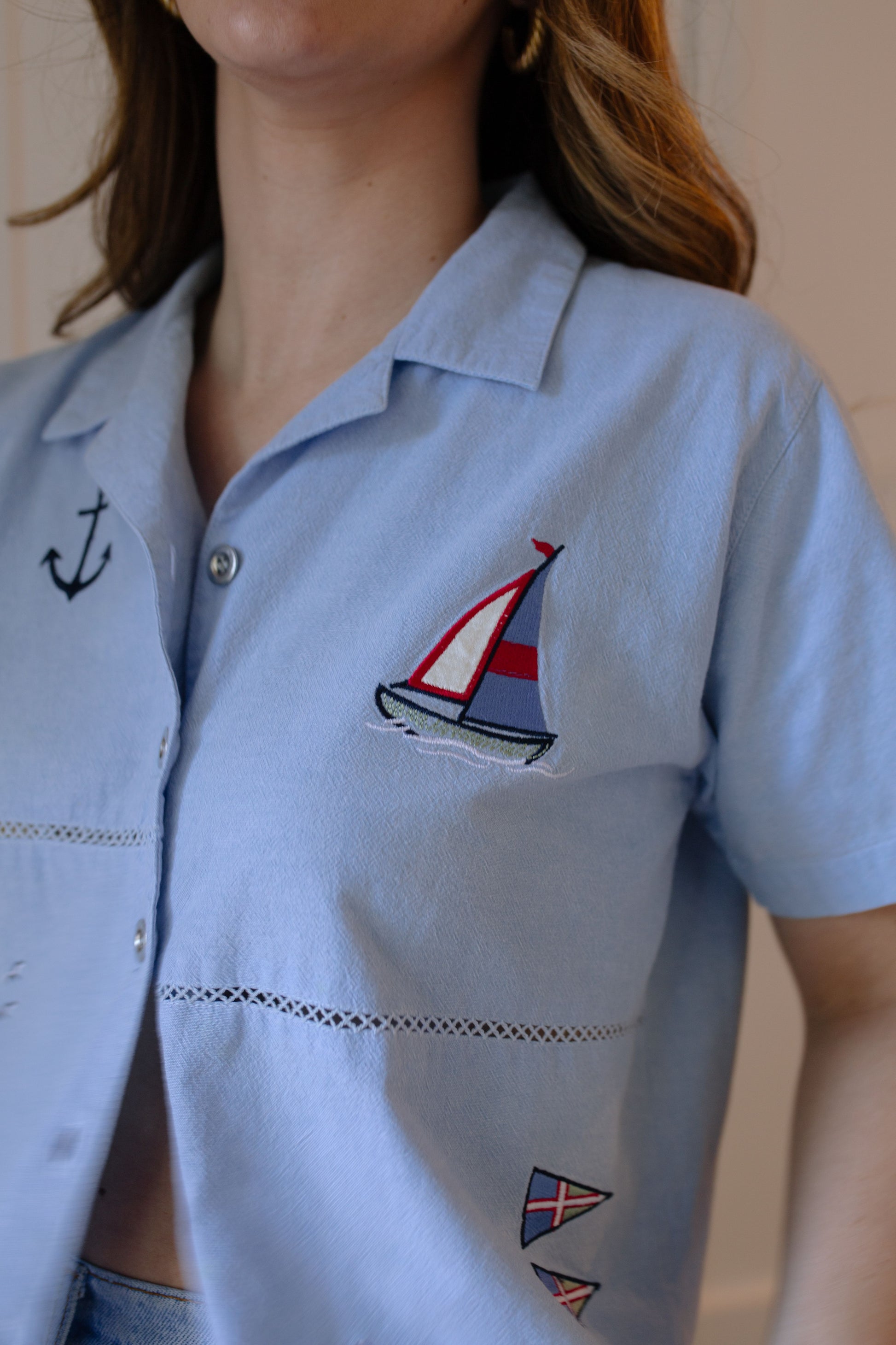Vintage Nautical Embroidered Button Up