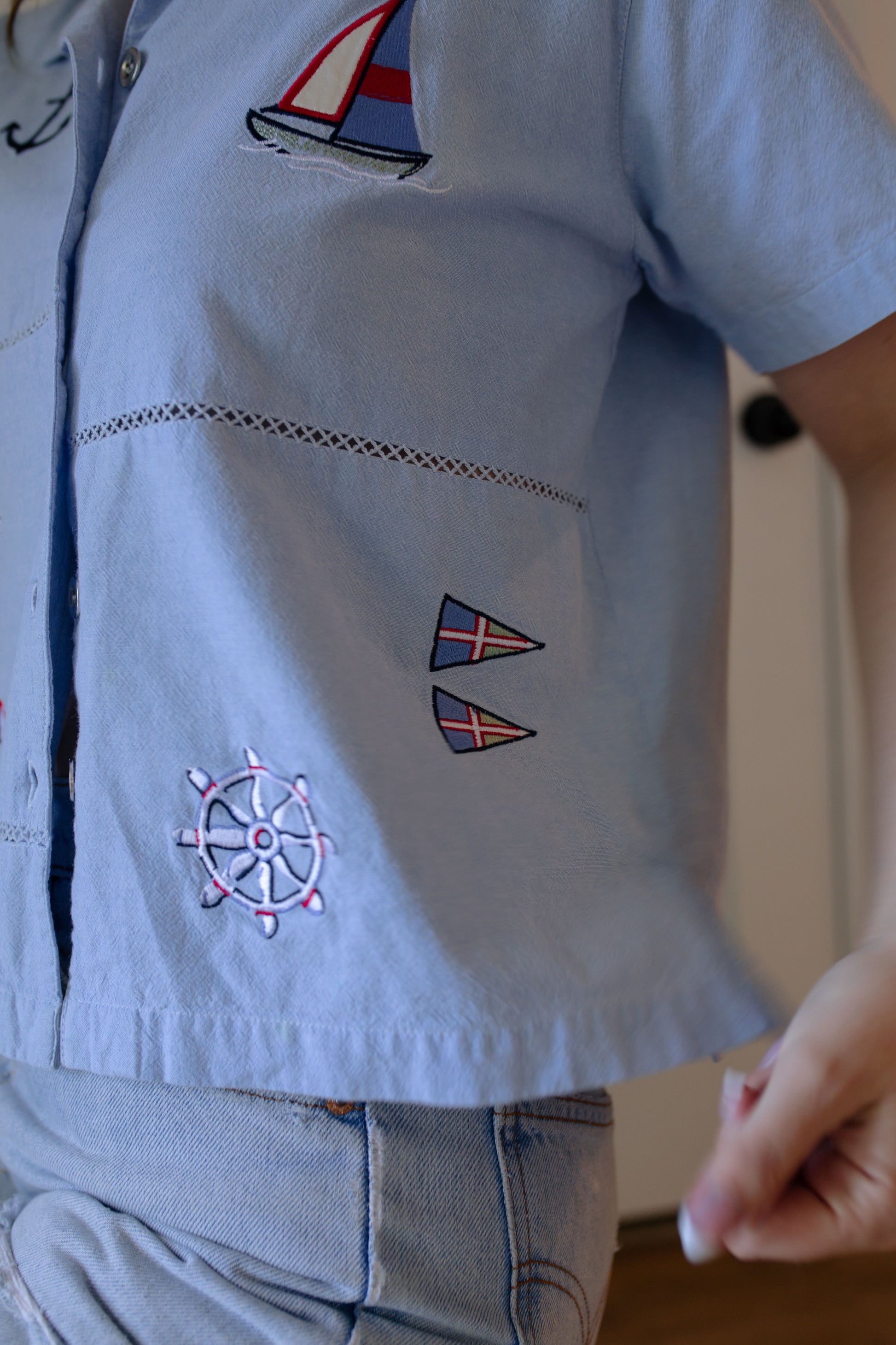 Vintage Nautical Embroidered Button Up