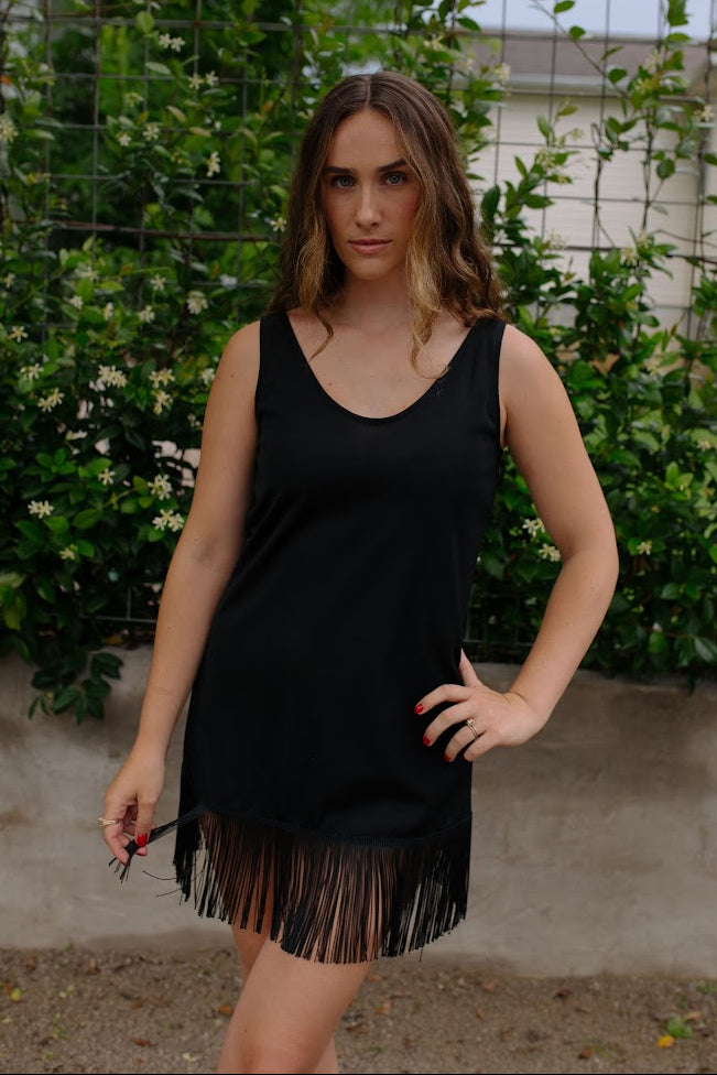 1980s Black Fringe Mini Dress