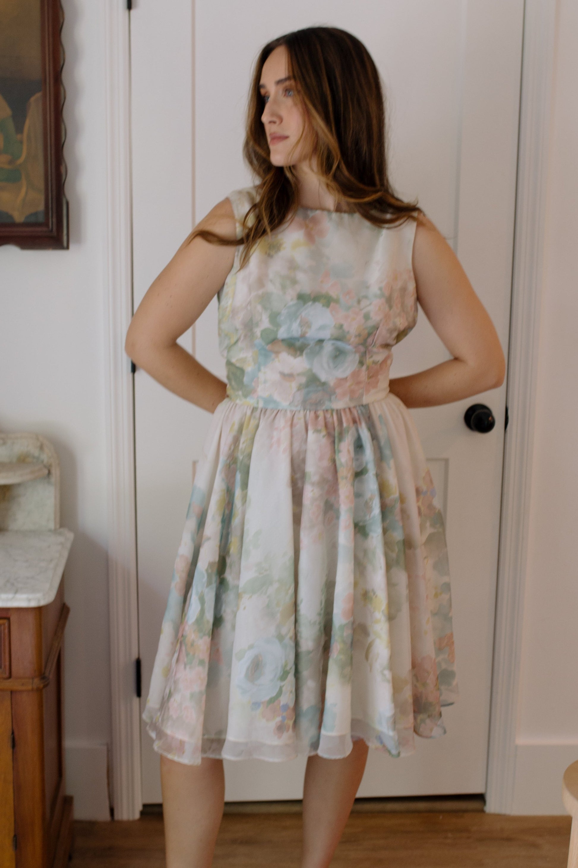 1960s Water Color Floral Organza Dress