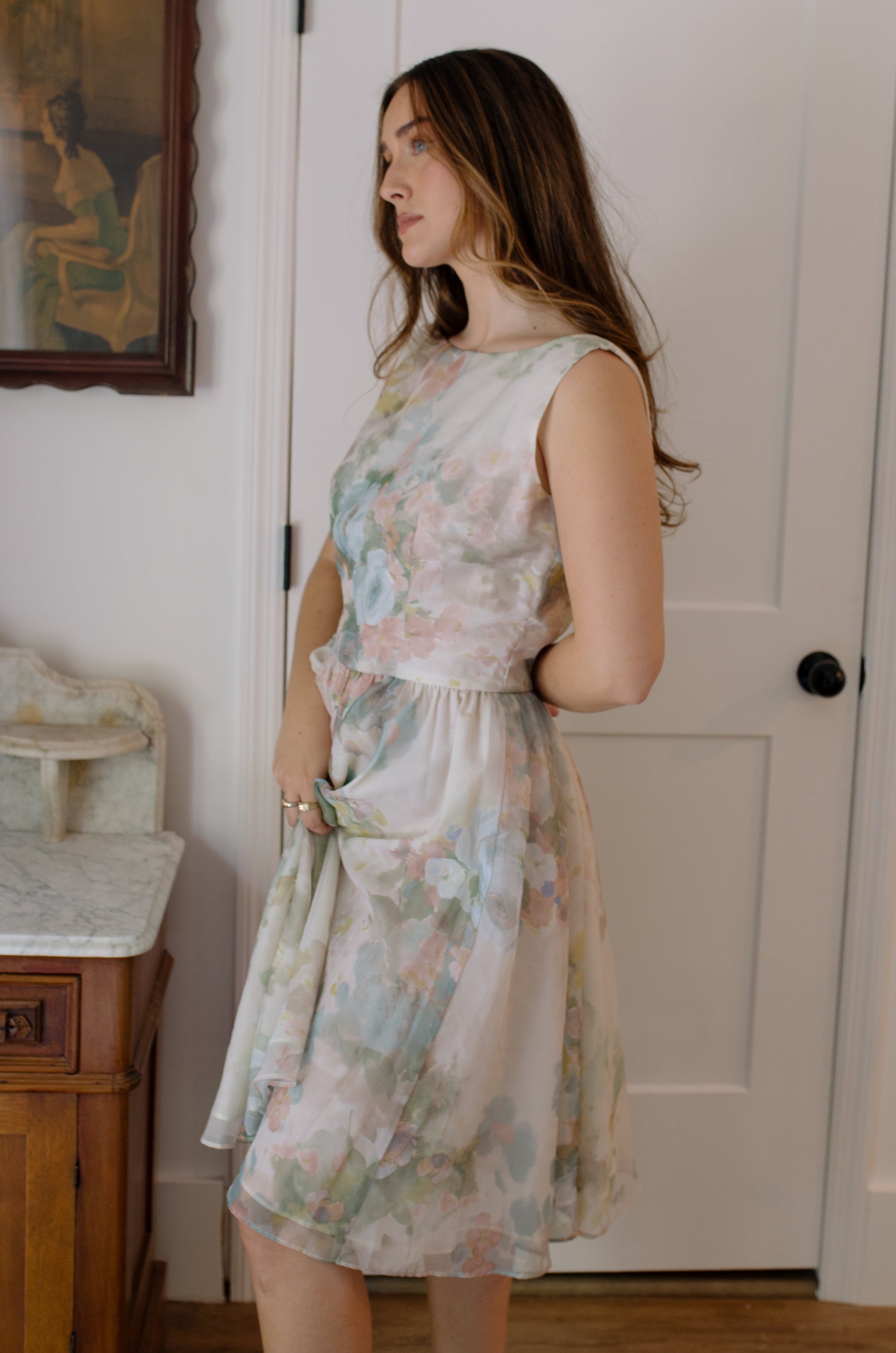 1960s Water Color Floral Organza Dress