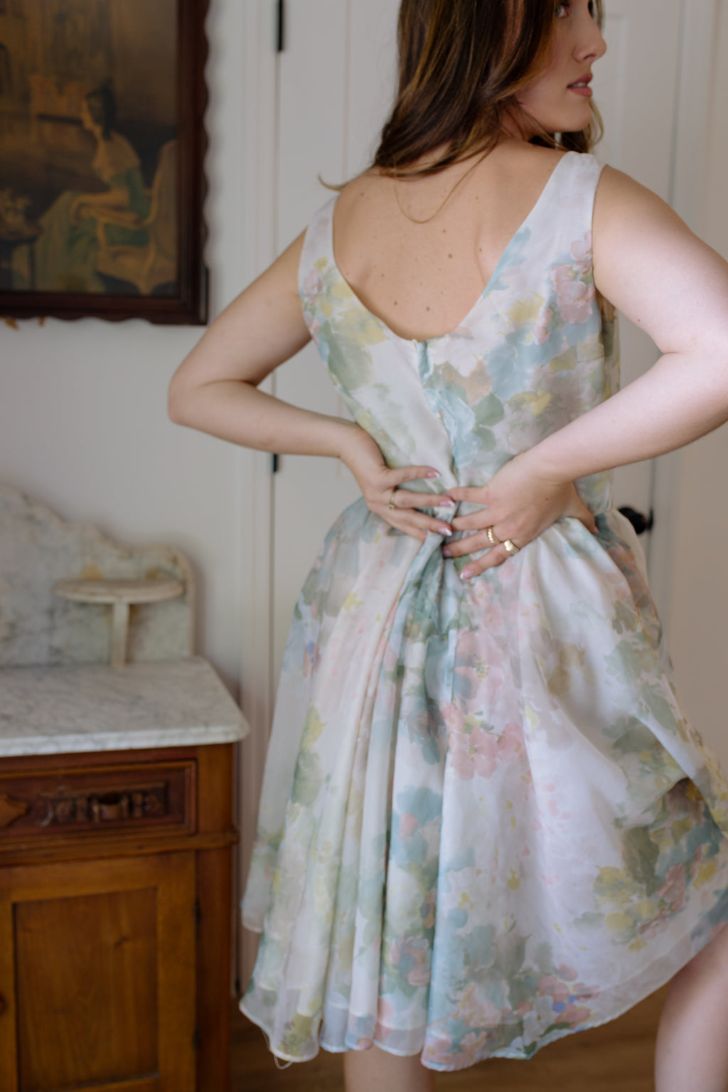 1960s Water Color Floral Organza Dress