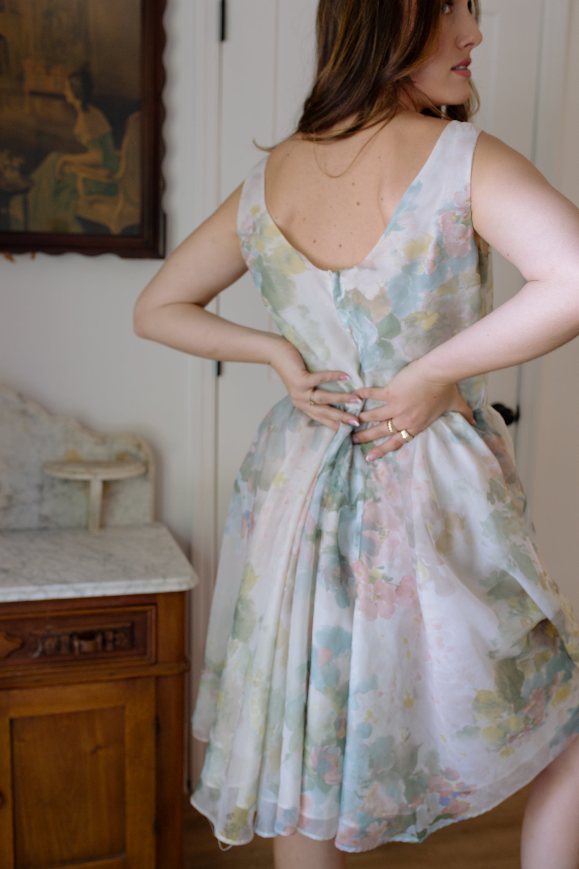 1960s Water Color Floral Organza Dress