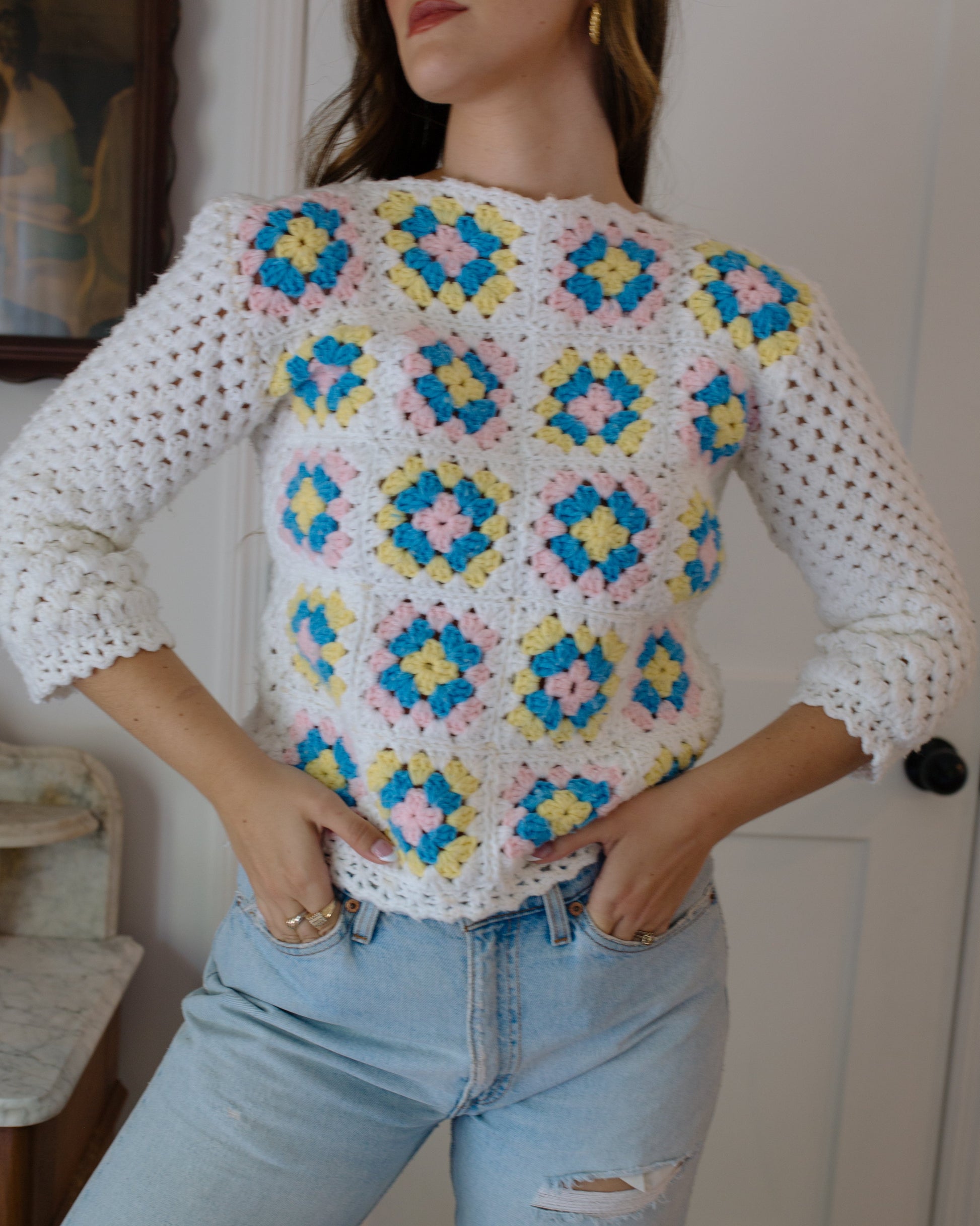 1960s Handmade Quilt Pattern Open Knit Sweater