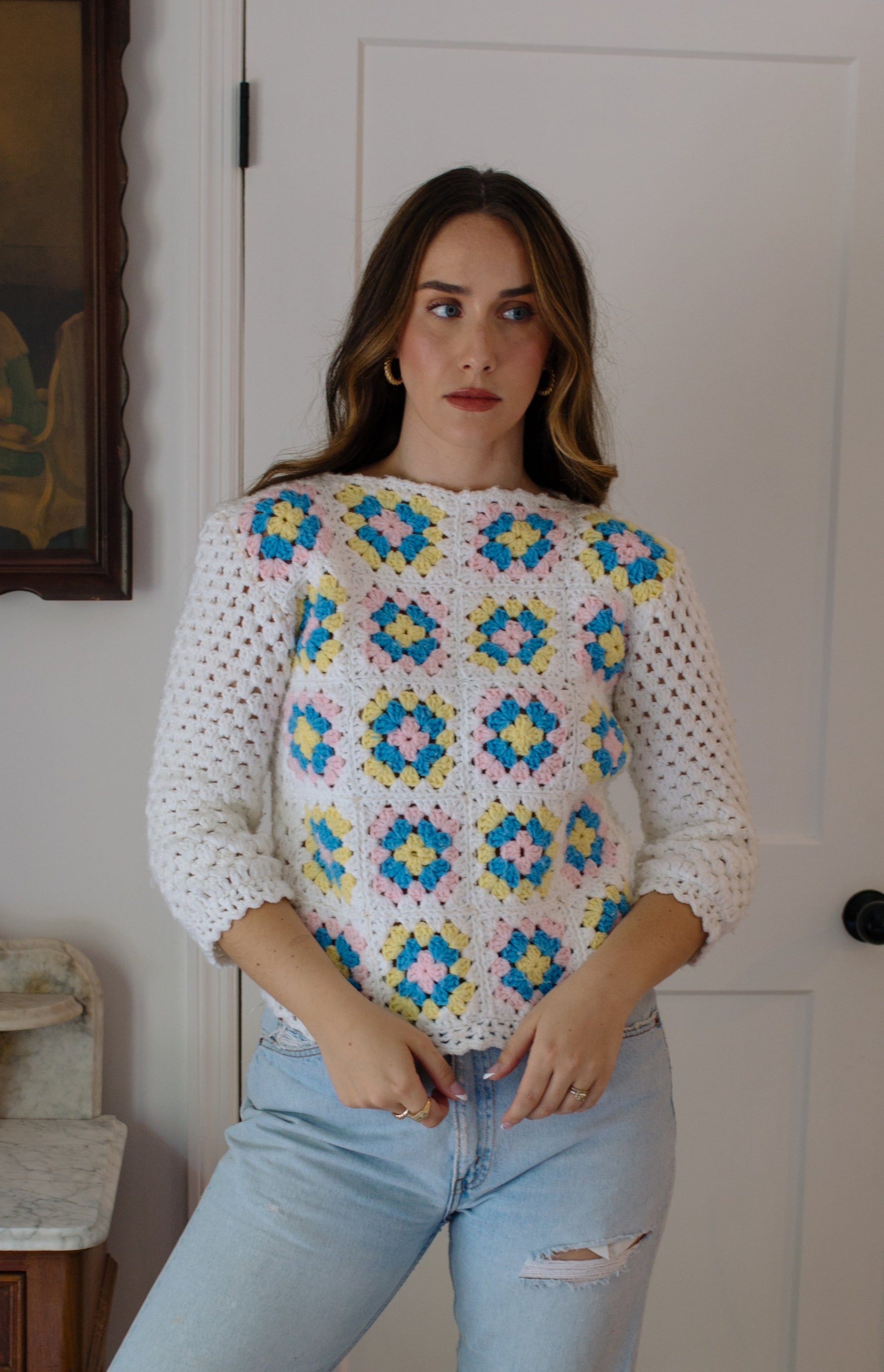 1960s Handmade Quilt Pattern Open Knit Sweater