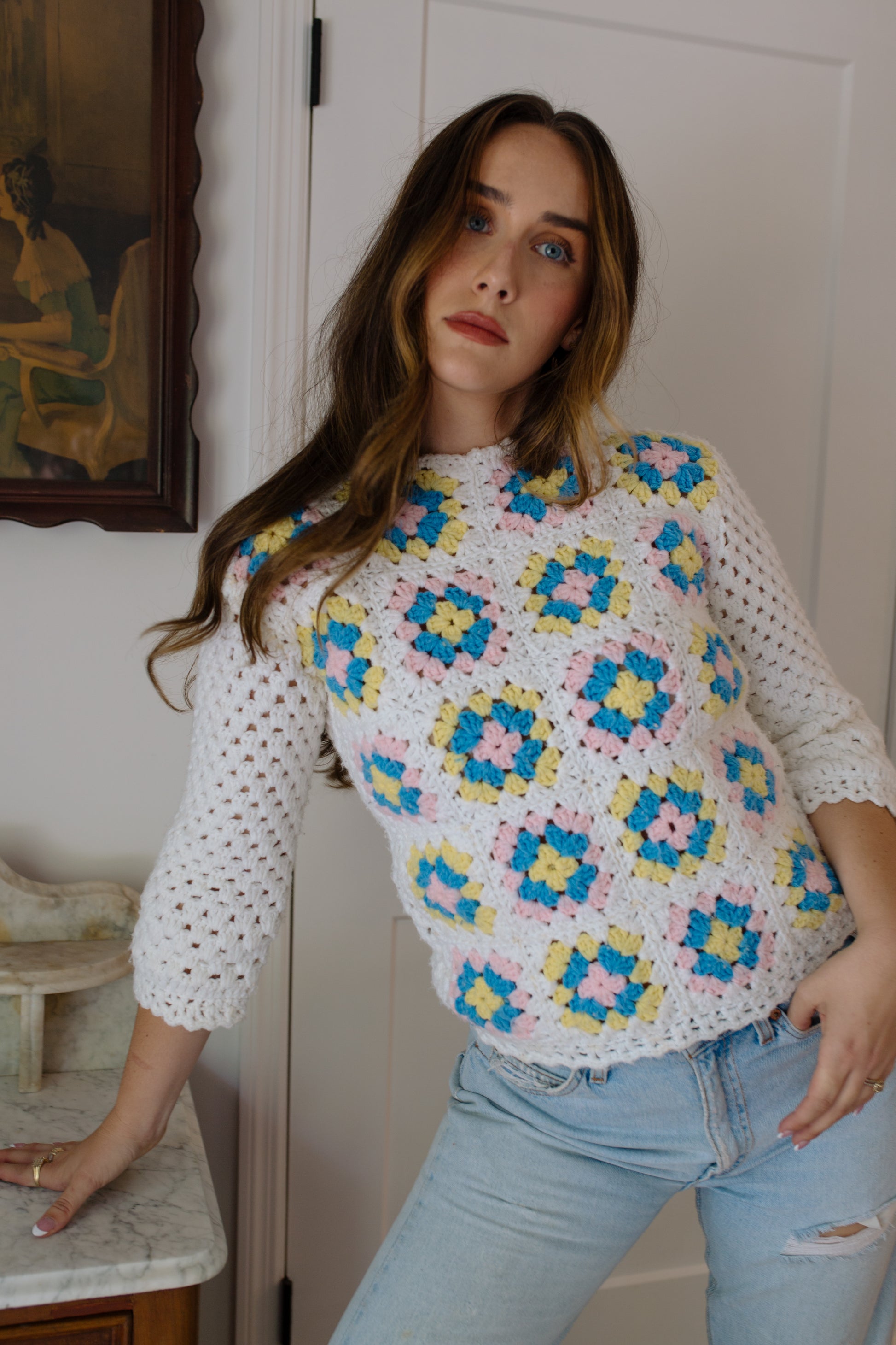 1960s Handmade Quilt Pattern Open Knit Sweater