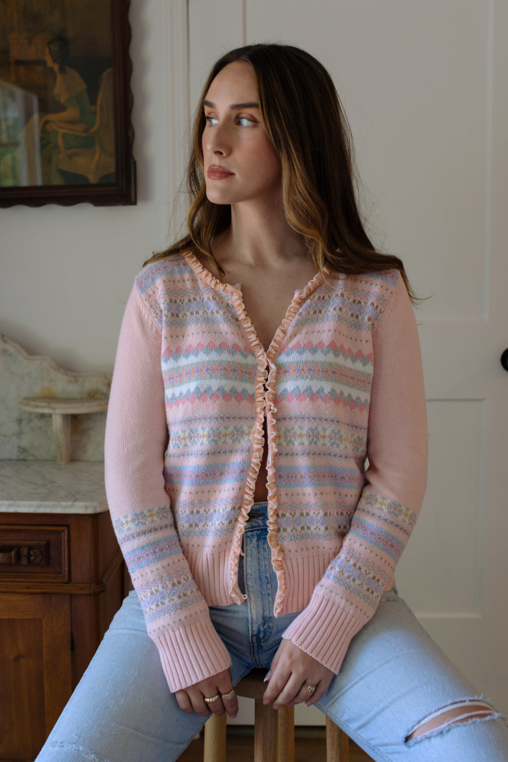 Vintage Velvet Ruffle Cardigan Sweater