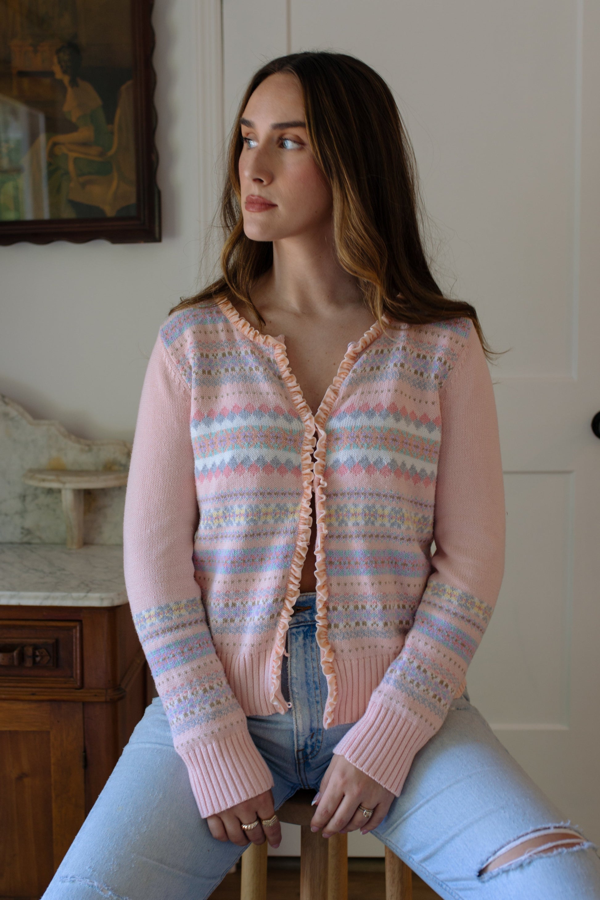 Vintage Velvet Ruffle Cardigan Sweater
