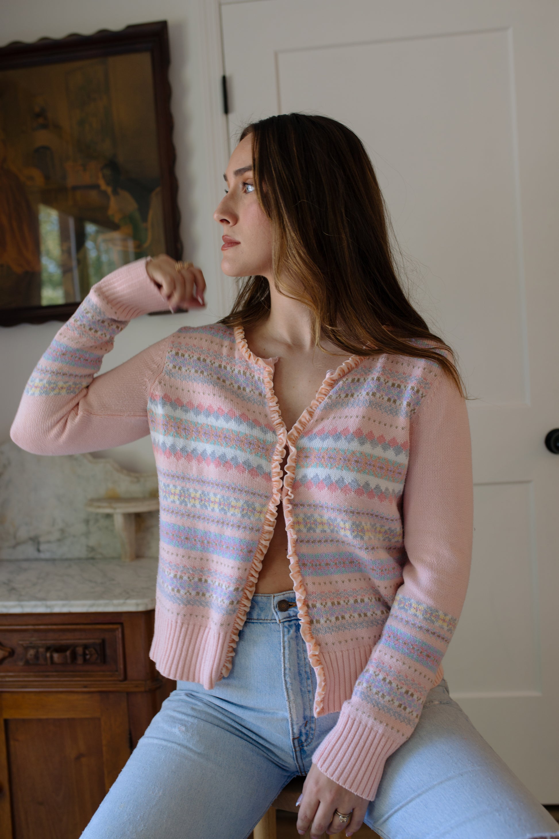 Vintage Velvet Ruffle Cardigan Sweater