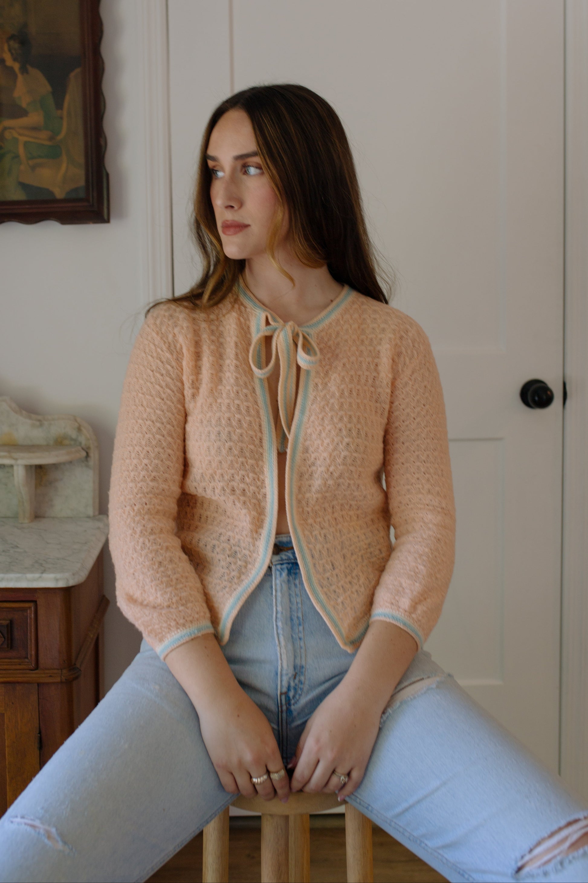 1960s Handmade Ribbon Tie Front Cardigan