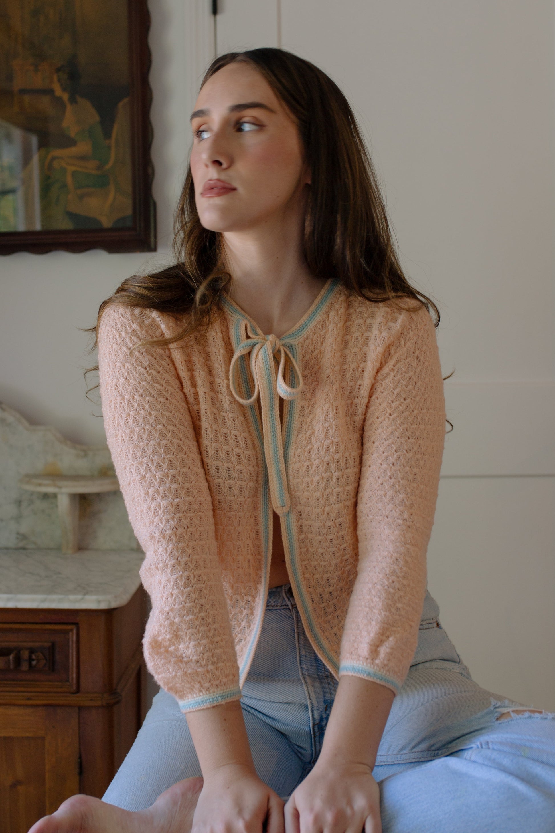 1960s Handmade Ribbon Tie Front Cardigan