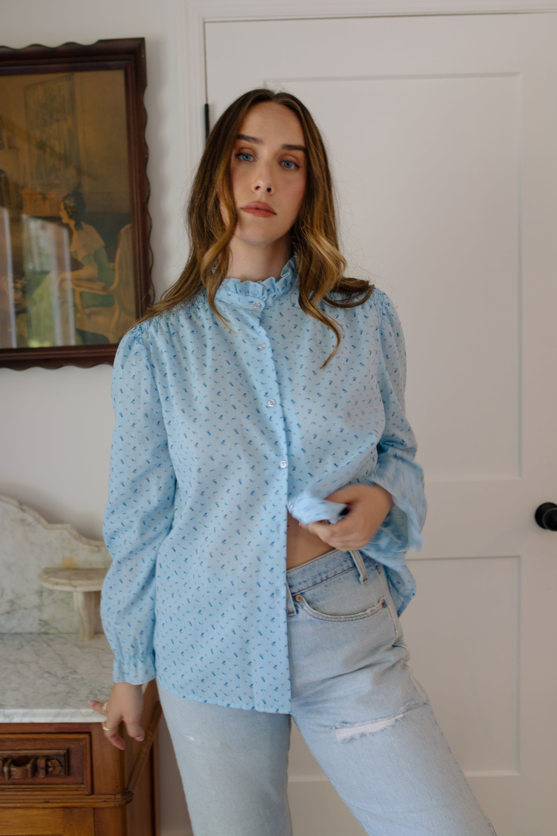 Vintage Ditsy Floral Smocked Shoulder Blouse