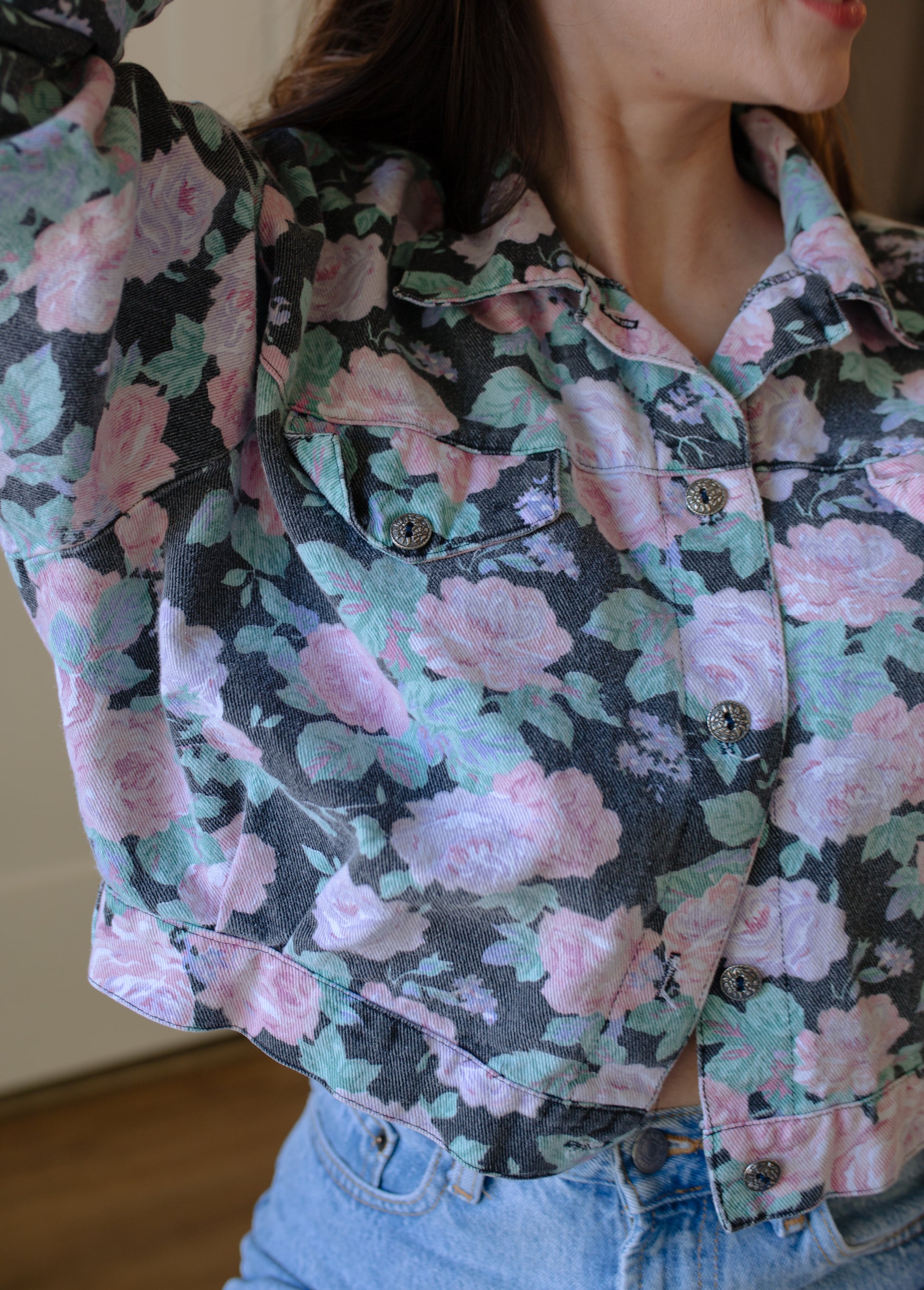 1980s Cropped Floral Denim Jacket