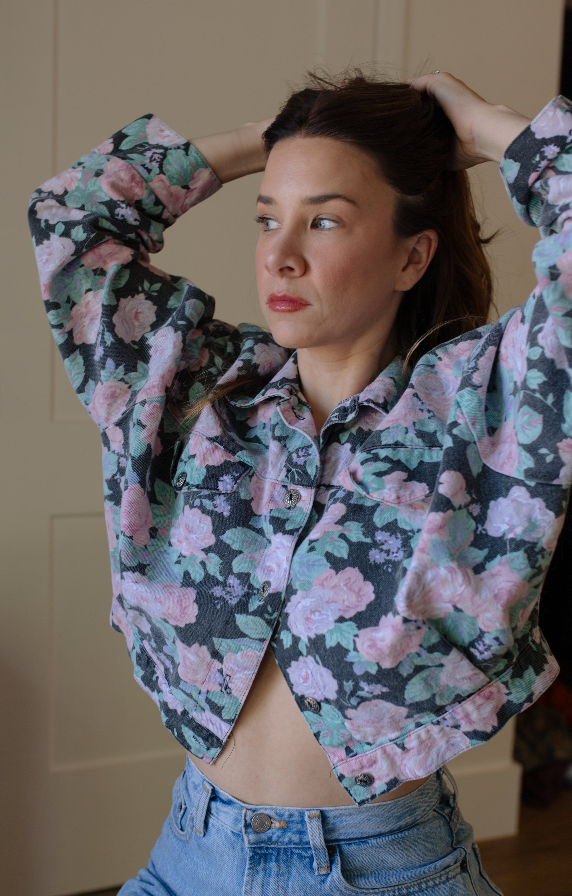 1980s Cropped Floral Denim Jacket
