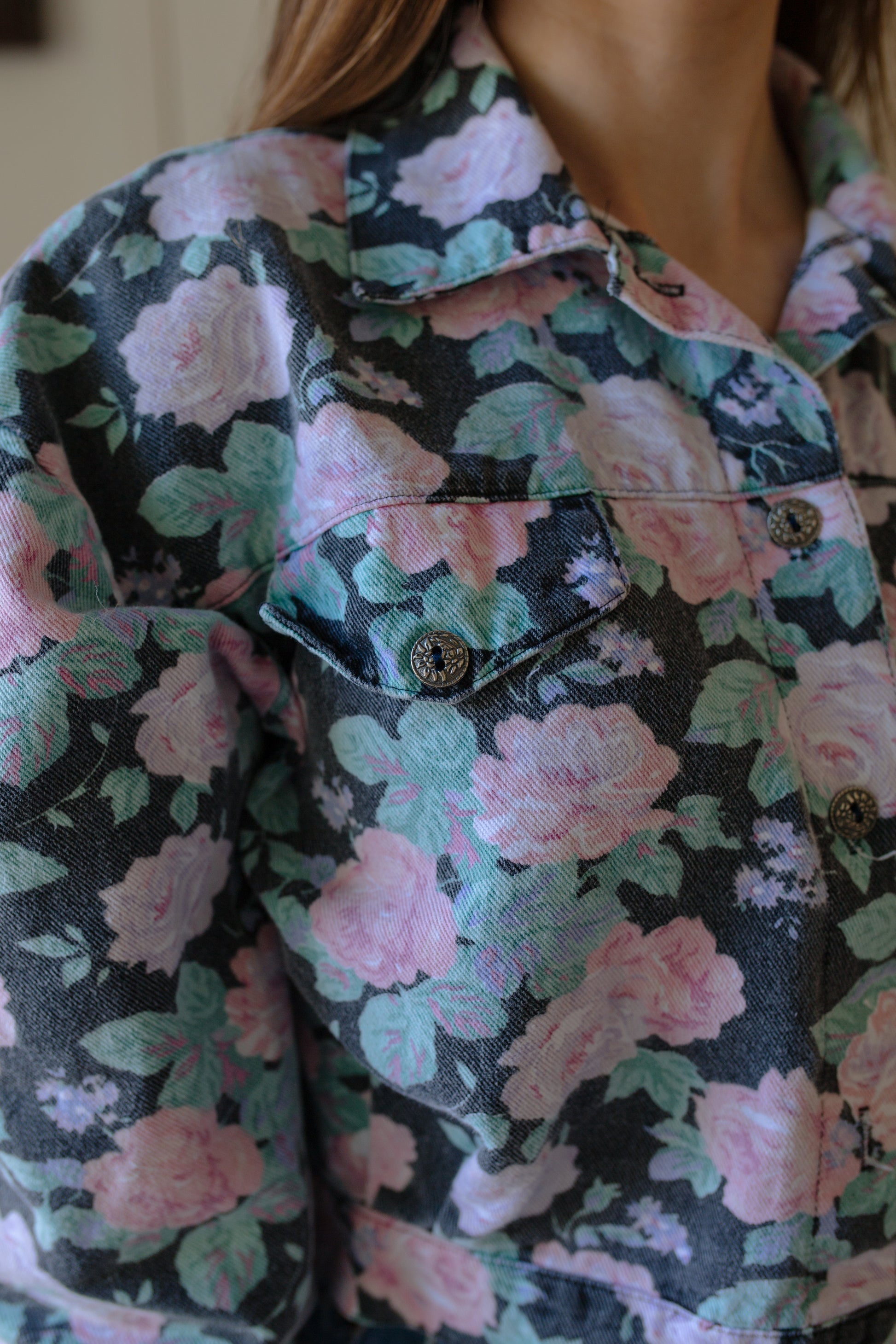 1980s Cropped Floral Denim Jacket