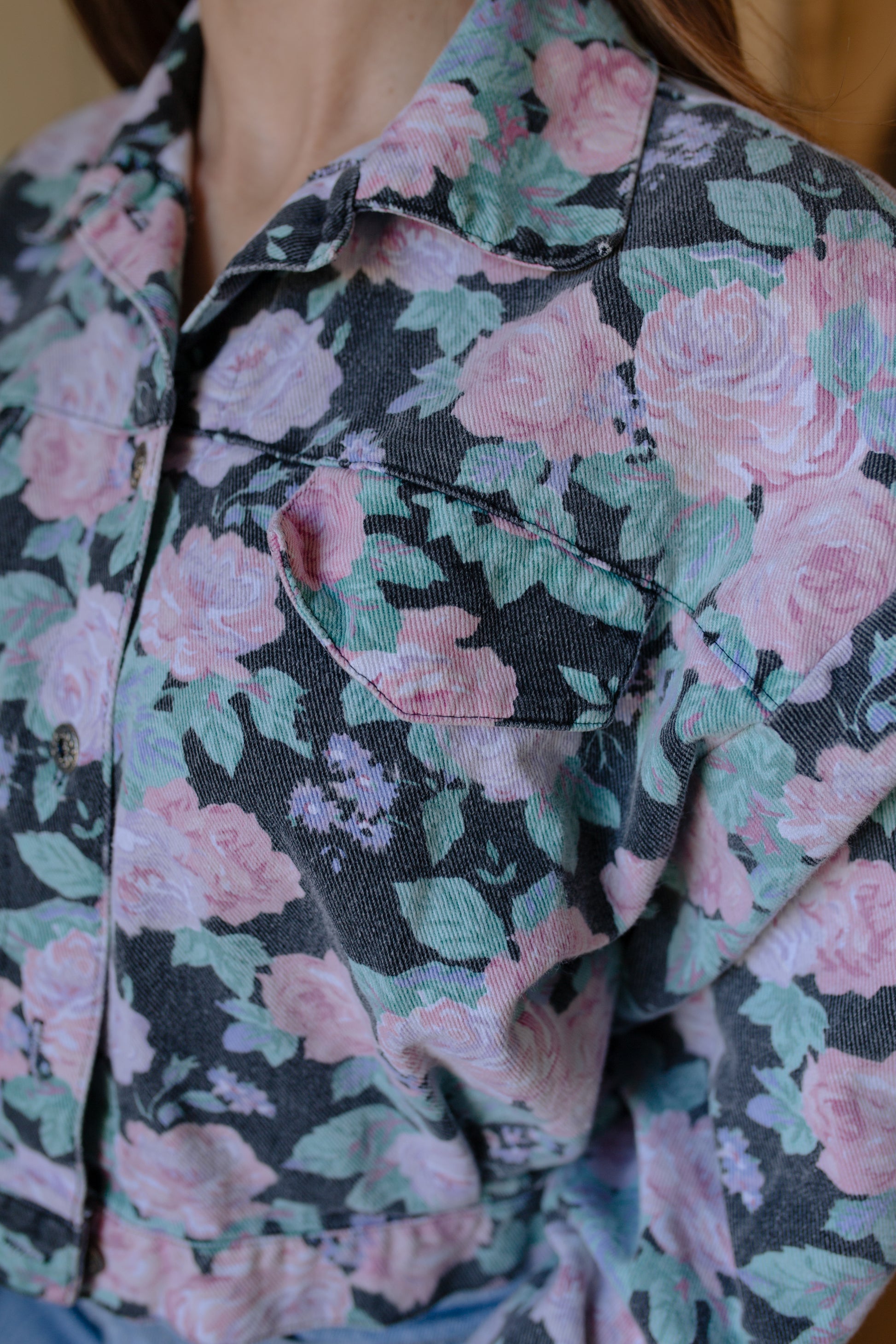 1980s Cropped Floral Denim Jacket
