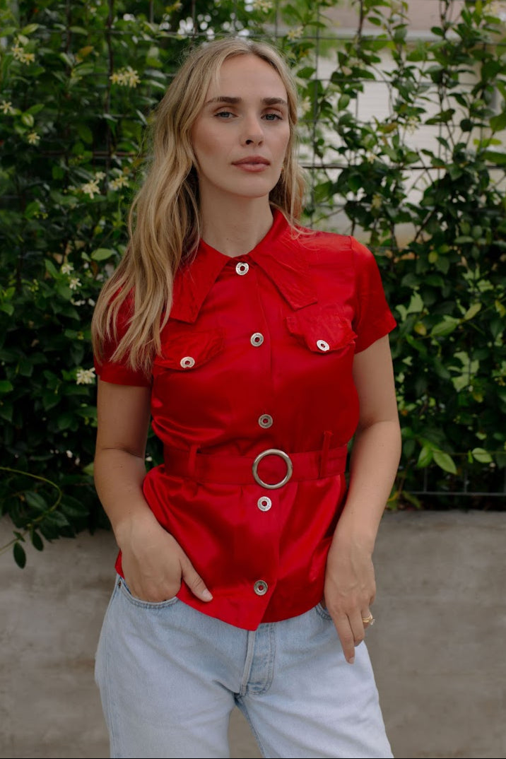 1970s Red Belted Satin Blouse