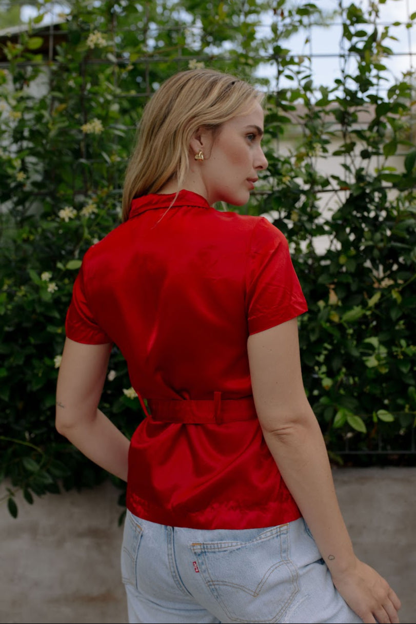 1970s Red Belted Satin Blouse