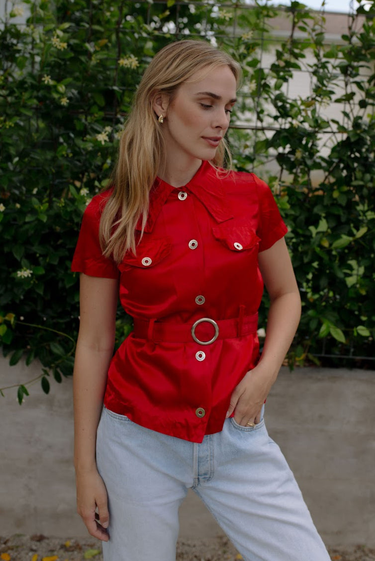 1970s Red Belted Satin Blouse