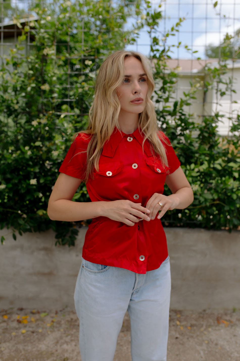 1970s Red Belted Satin Blouse