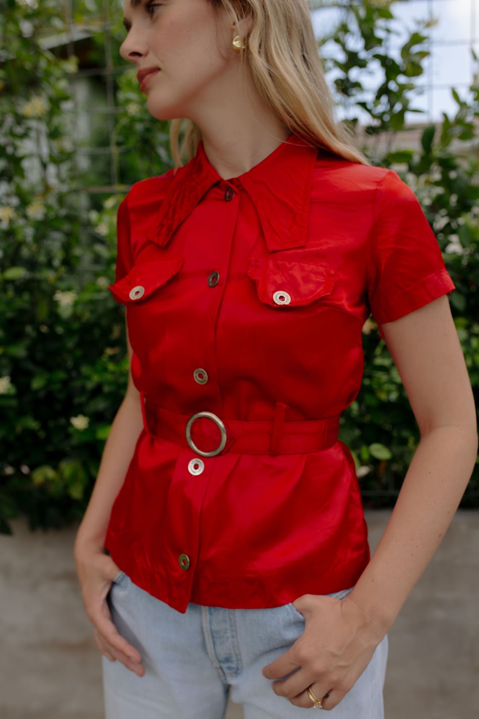1970s Red Belted Satin Blouse