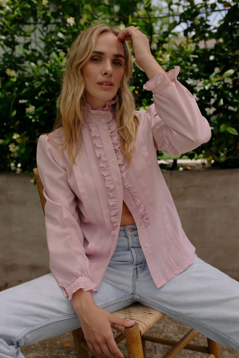 1980s High Collar Ruffle Blouse