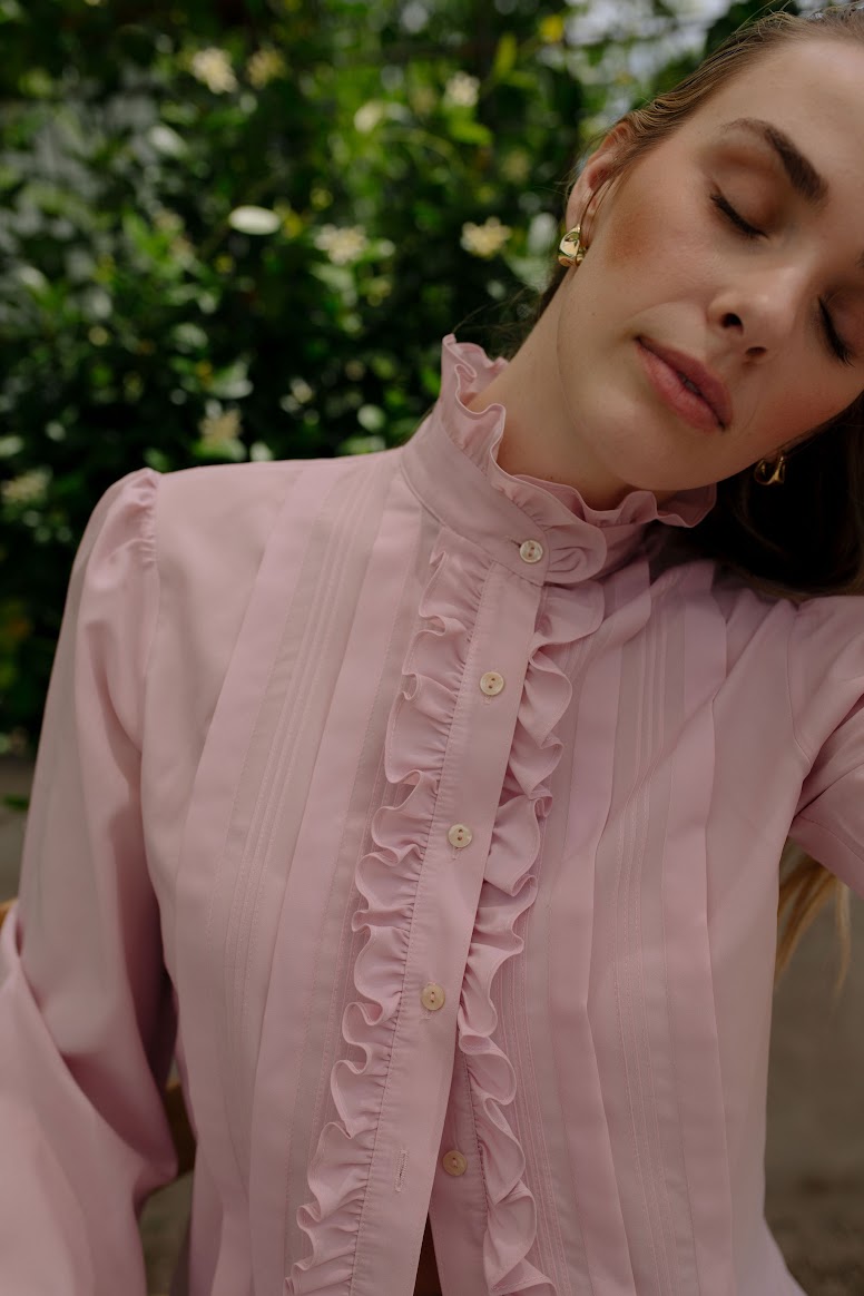 1980s High Collar Ruffle Blouse