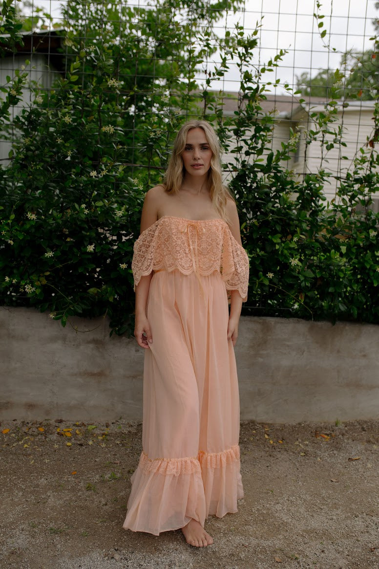1970s Peach Lace Slip Dress