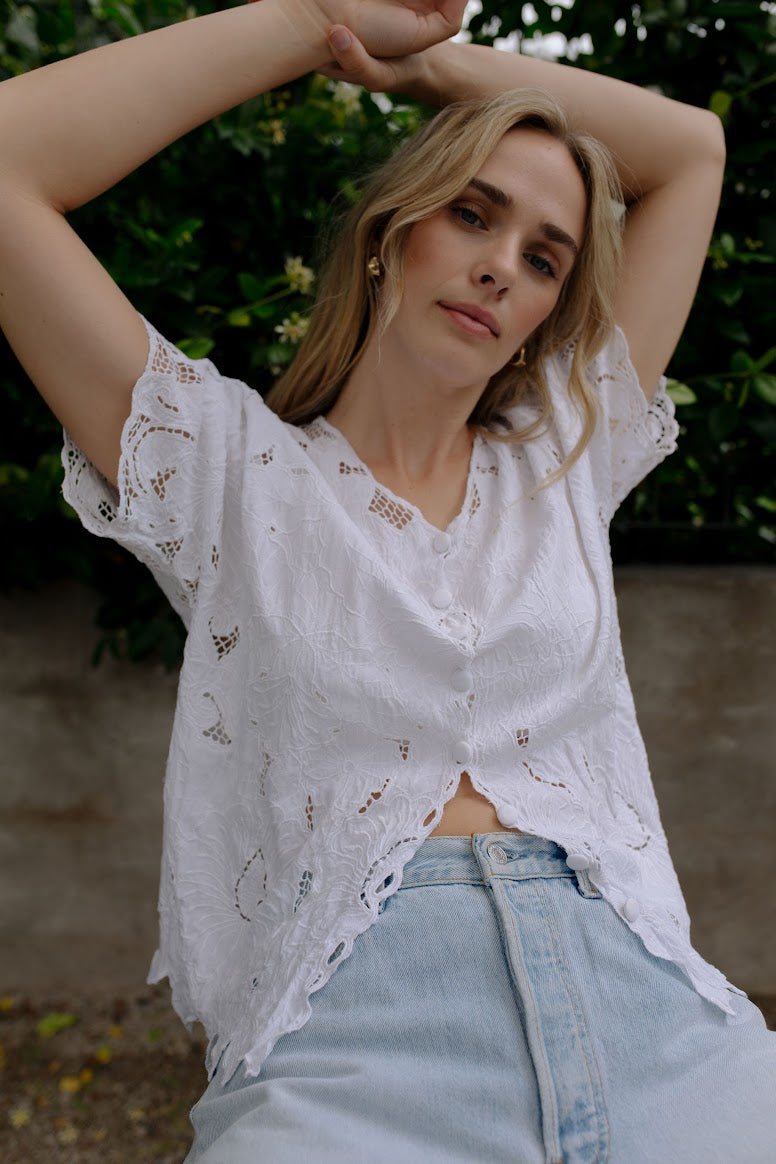 Vintage Hand Made White Floral Lace Blouse