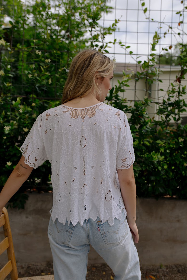 Vintage Hand Made White Floral Lace Blouse