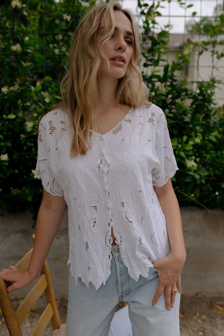 Vintage Hand Made White Floral Lace Blouse